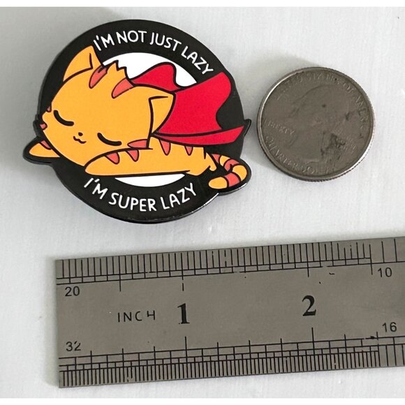 I'm Not Just Lazy Im Super Lazy Cat Kitten Hero Lapel Pin Red Cape - Picture 2 of 3